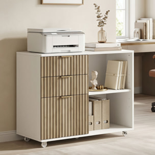 Mueble para Impresora con Ruedas, Mesa para Impresora con 3 Cajones, Barra Ajustable, 2 Estantes Abiertos para Documentos Tamaño A4, Carta, Archivador Móvil para Oficina en Casa, Blanco y Roble