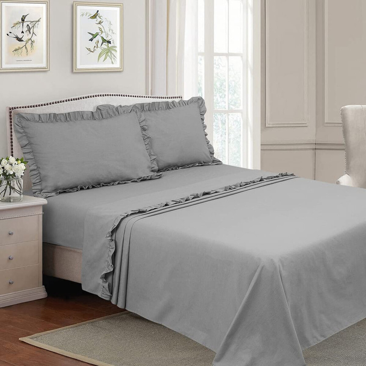 Completo Lenzuola Matrimoniale, 100% Cotone, Lenzuolo Sopra 240x290 cm + Lenzuolo Sotto con Angoli 170x195x25 cm + 2 Federe 50x80 cm, Grigio