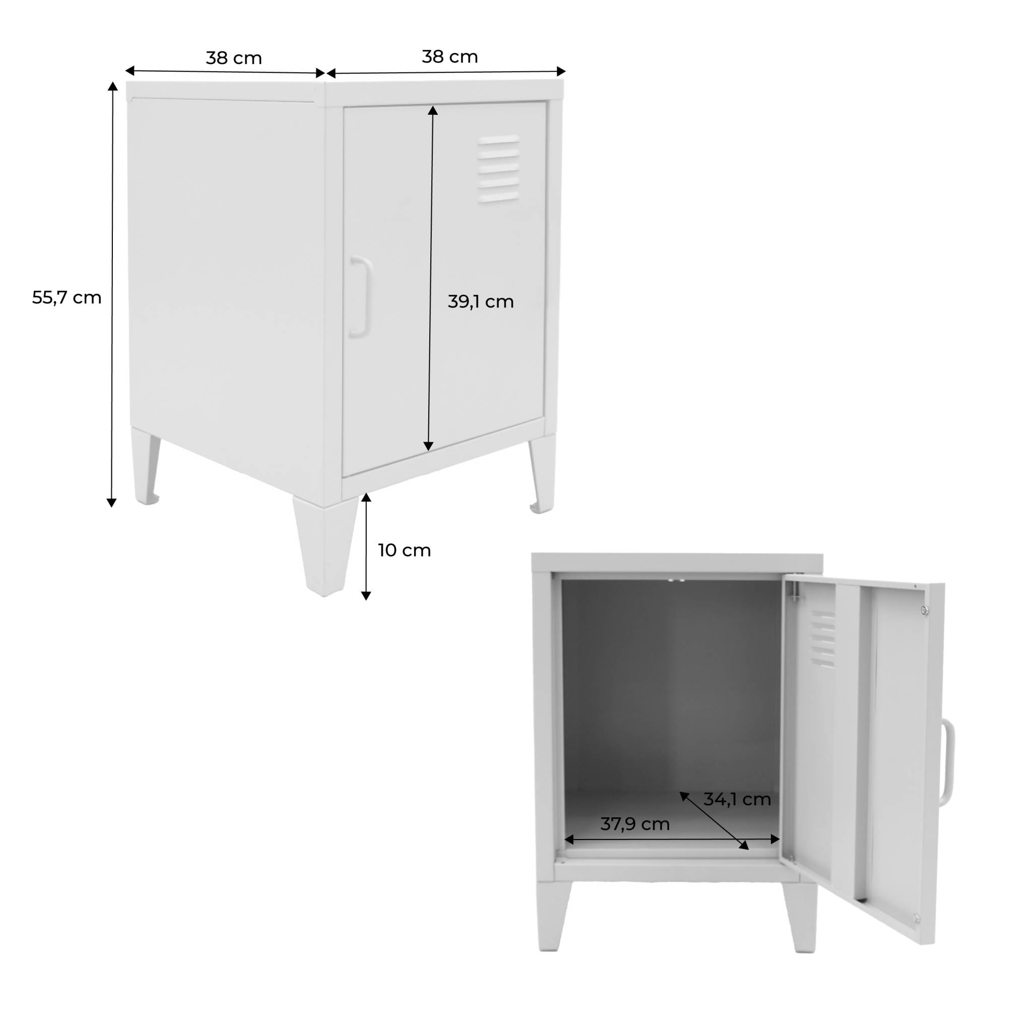 Table de chevet en acier blanc. 1 porte. casier