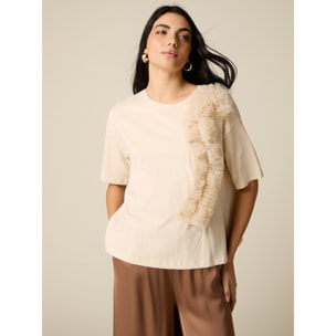 Oltre - T-shirt con applicazione in tulle - Beige