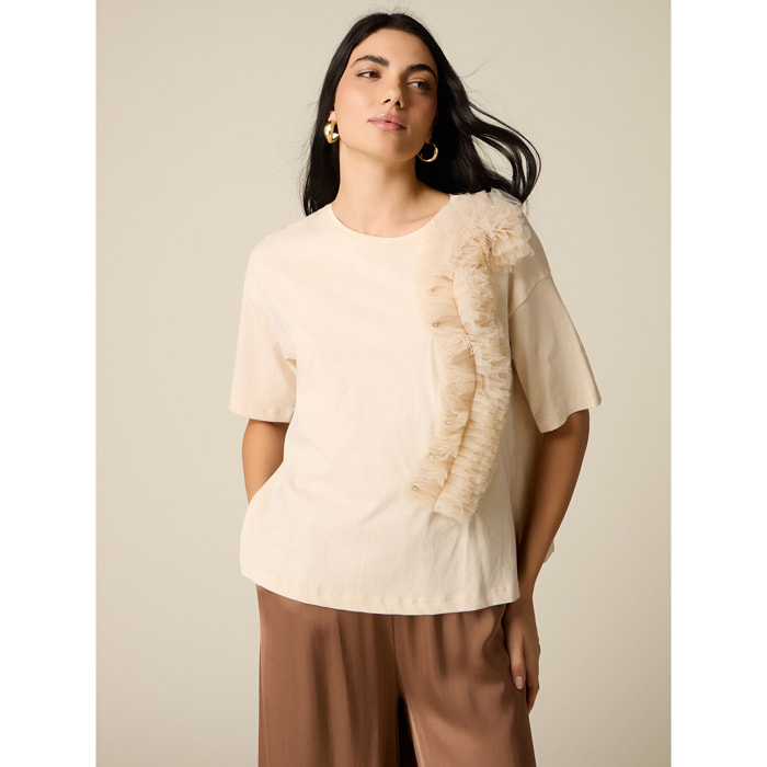 Oltre - T-shirt con applicazione in tulle - Beige