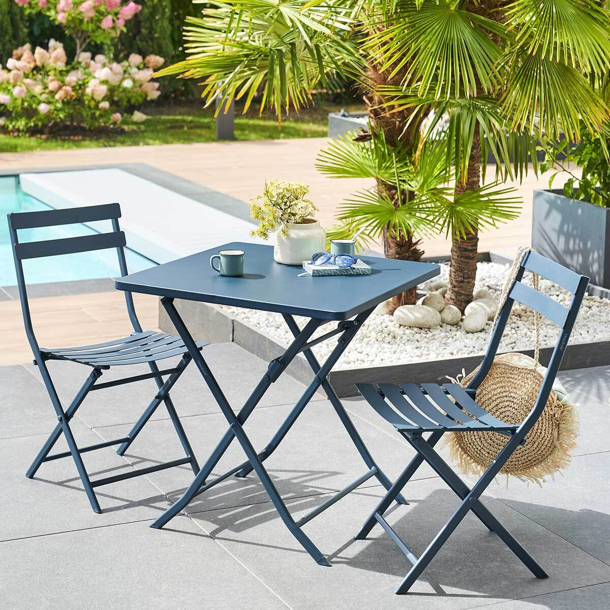 Table de jardin pliante carrée "Greensboro" pétrole 2 places en acier traité époxy