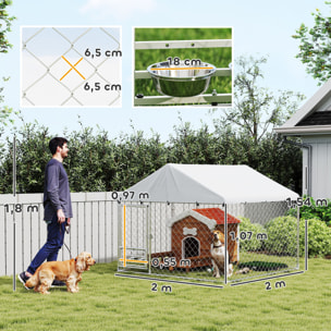 Perrera de Exterior con Techo 2x2x1,55 m Jaula para Perros de Acero Galvanizado con Techo Impermeable Soporte para Comida Giratorio y Ajustable 2 Cuencos para Perros Medianos y Pequeños