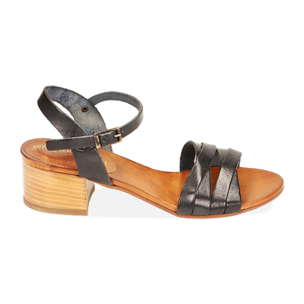 Sandalias de piel de vacuno negras, tacón de 4 cm