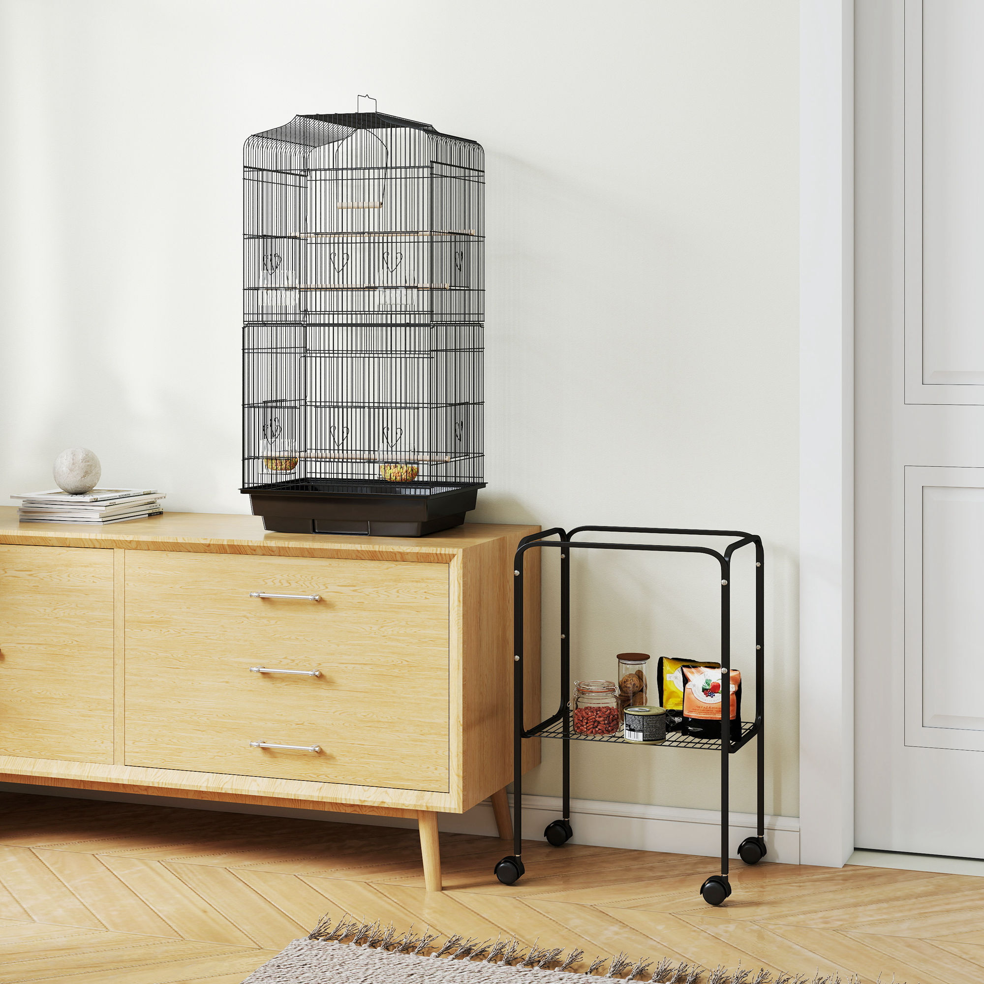 Cage à oiseaux sur pied volière mobile toit ouvrant 3 perchoirs étagère 46 x 36 x 157 cm noir