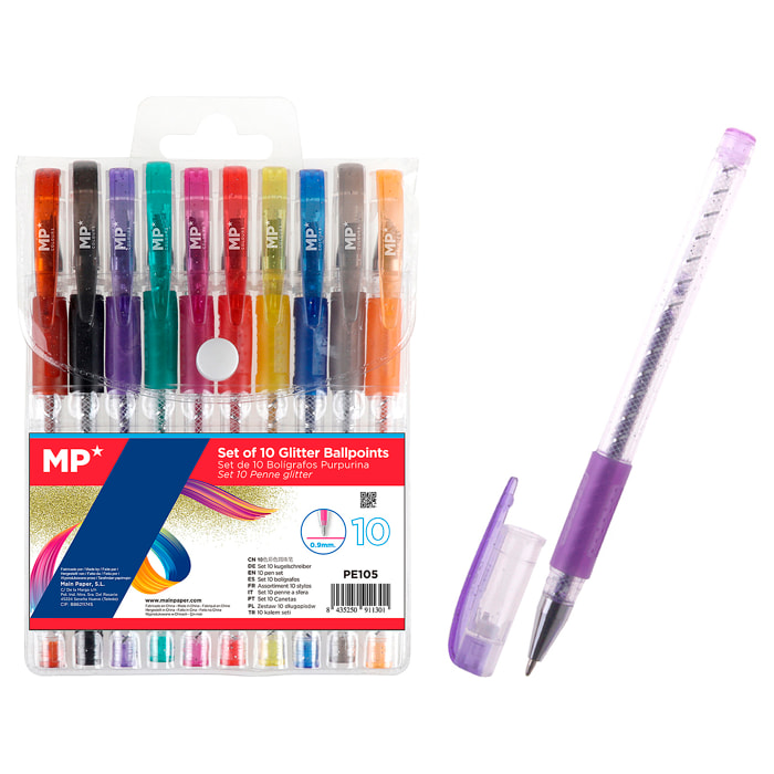 SET BOLÍGRAFOS PURPURINA CUERPO TRANSPARENTE 10 COLORES
