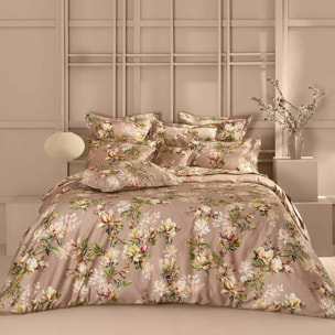 Housse de couette satin de coton imprimé rose Magnolias rose fume