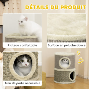 Arbre à chat cylindrique - tour à griffer pour chat - arbre à chat tour - tonneau griffoir - 2 niches + plateforme - sisal corde d'algues beige