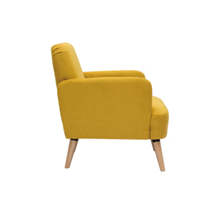 Fauteuil scandinave en tissu effet velours jaune moutarde et bois clair ISKO