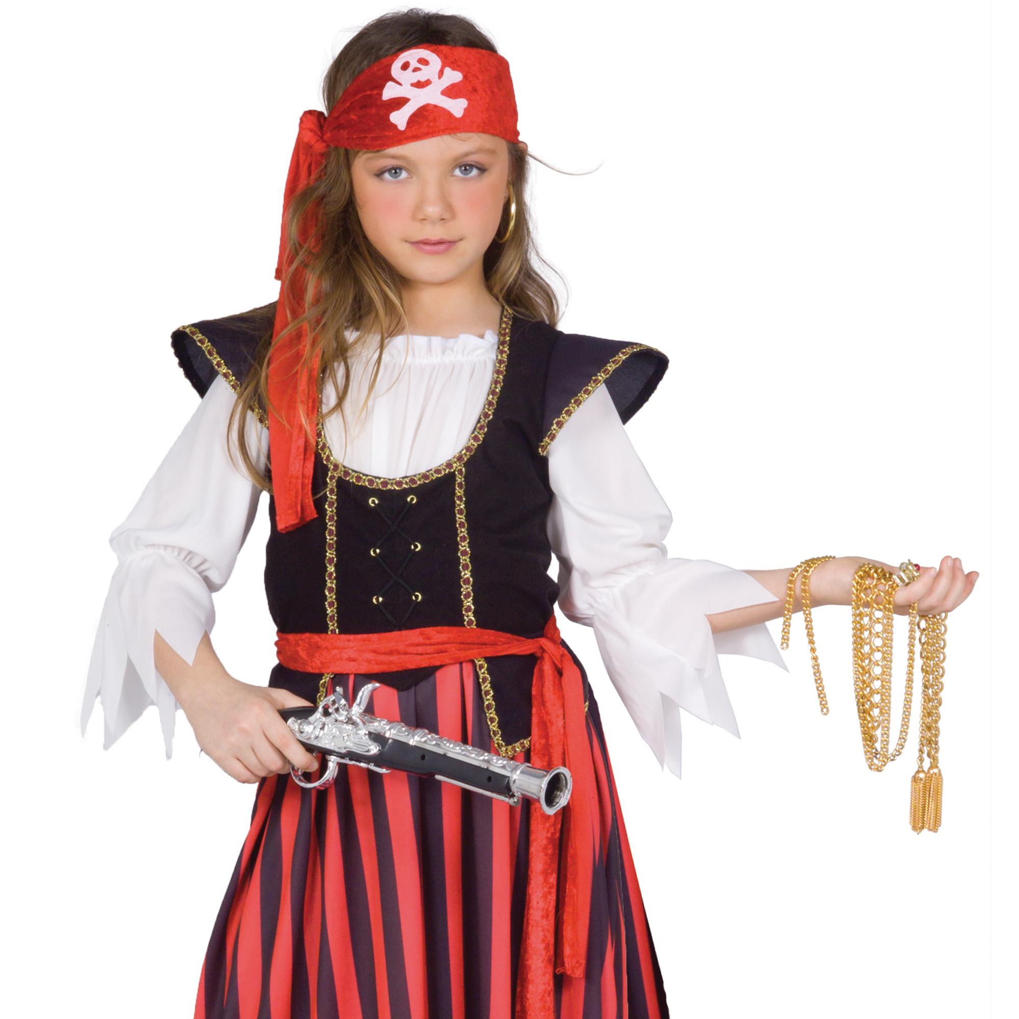 Travestimento Costume Carnevale Piratessa Rosso Nero Bianco Bambina