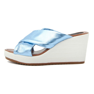 Sandalo con zeppa vera pelle Made in Italy Donna colore Blu- Tacco 8 cm, plateau 2 cm- Tomaio in pelle, Made in Italy