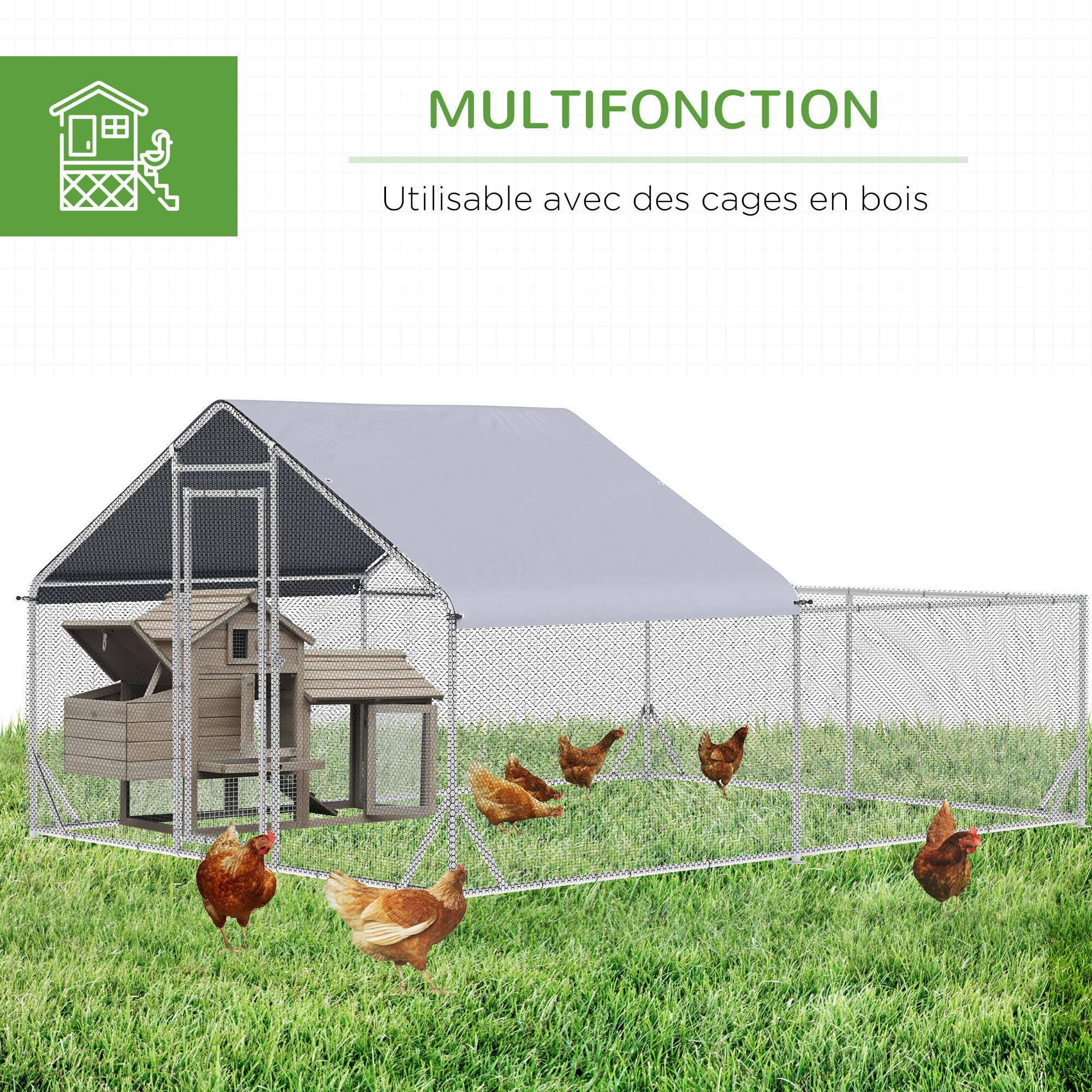 Enclos poulailler chenil 12 m² - parc grillagé dim 4L x 3l x 1,95H m - espace couvert - acier galvanisé