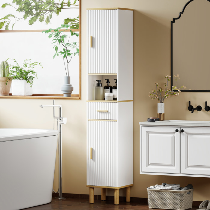 Armario de Baño Alto, Mueble Auxiliar de Baño Estrecho con Estantes Ajustables, Puertas Acanaladas, Cajón, Estante Abierto, Patas de Madera, para Espacios Pequeños, 31,5x29,7x171,5 cm, Blanco