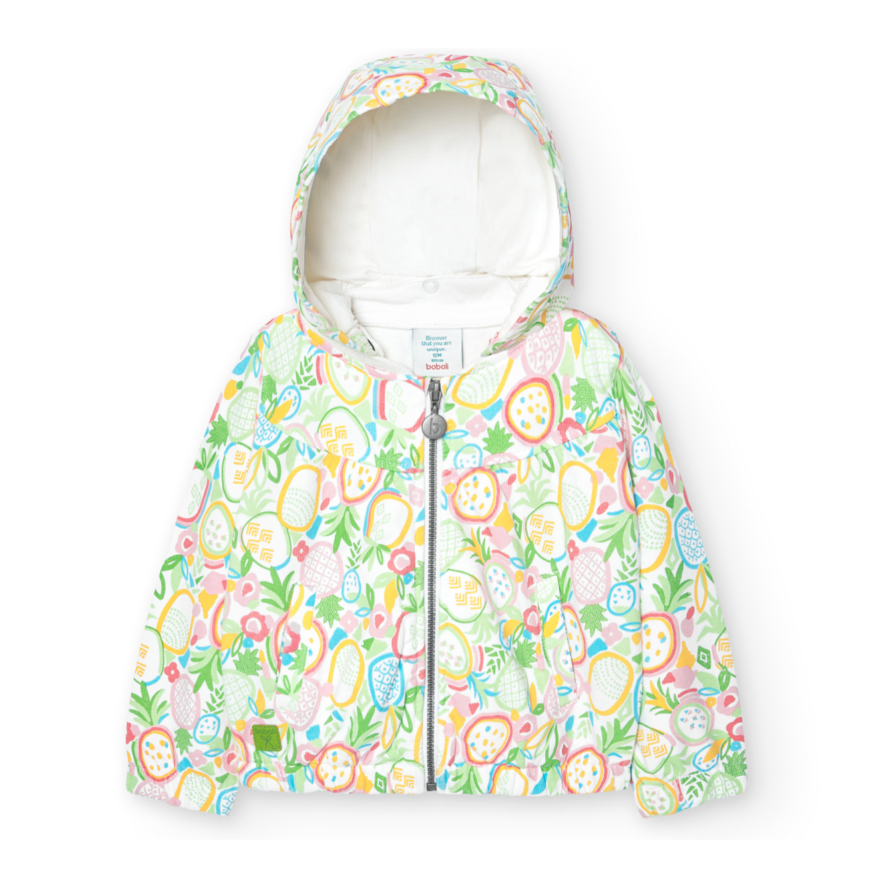 Chaqueta felpa niÃ±a, capucha desmontable estampada, verde