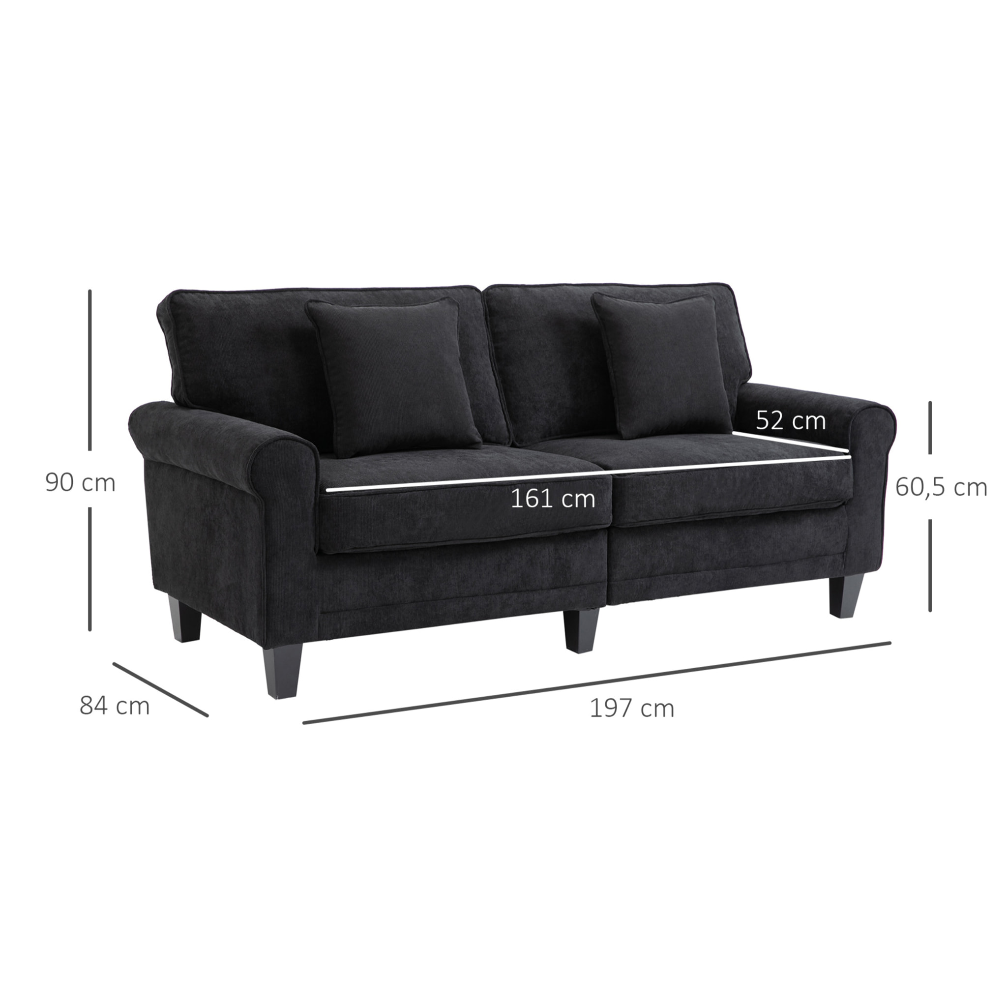 Canapé 3 places dim. 197L x 84P x 90H cm coussin déco. inclus pieds bois massif pin tissu aspect velours côtelé noir