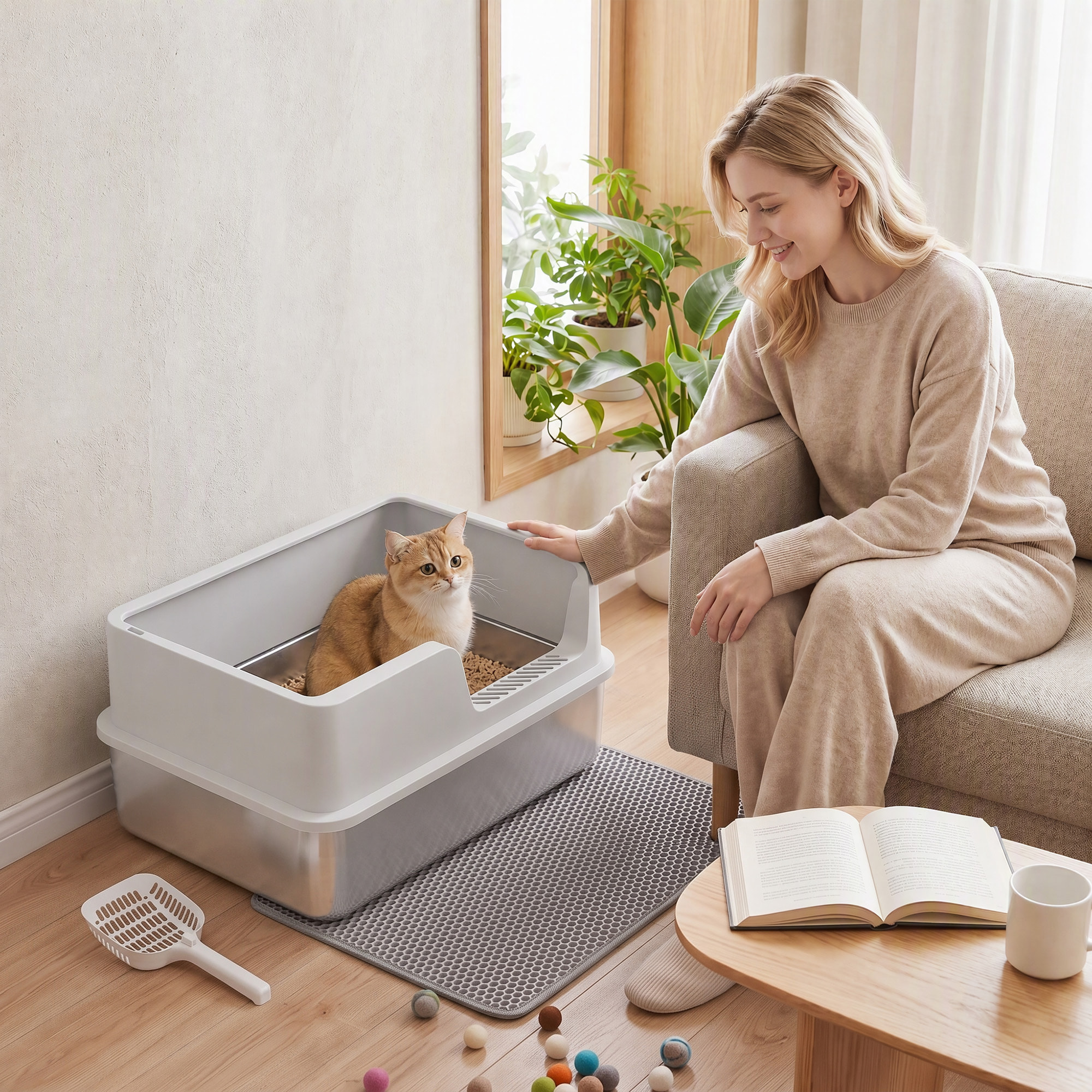 Arenero para Gatos de Acero Inoxidable XL, Caja de Arena para Gatos, Arenero con Borde Alto, Pala, Cepillo, Gancho, Fácil de Limpiar, Antifugas, Gris Claro