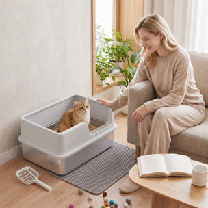 Arenero para Gatos de Acero Inoxidable XL, Caja de Arena para Gatos, Arenero con Borde Alto, Pala, Cepillo, Gancho, Fácil de Limpiar, Antifugas, Gris Claro