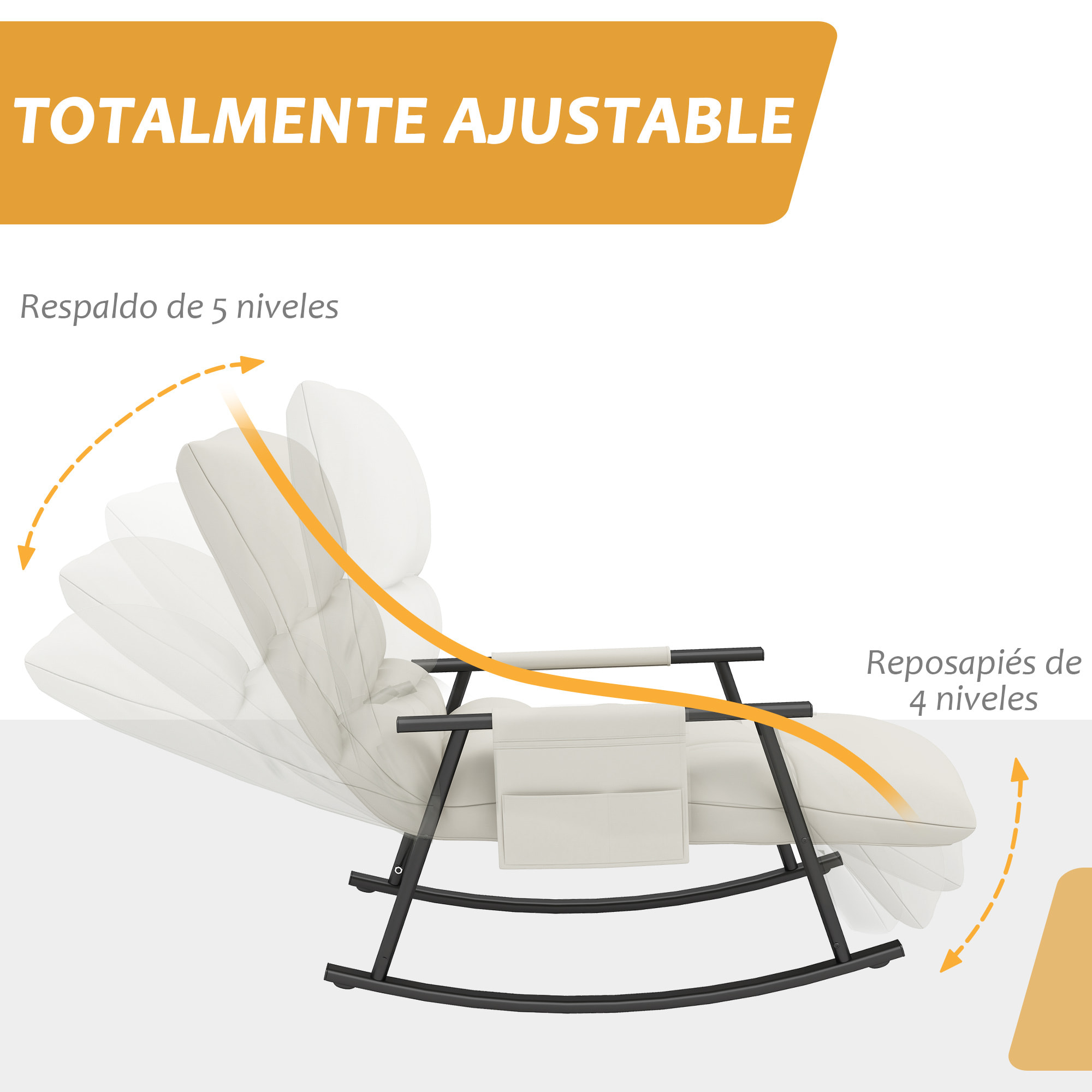 Silla Mecedora con Respaldo y Reposapiés Ajustables Mecedora de Salón Sillón Balancín Tapizado en Microfibra con Bolsillo para Dormitorio 60x134x70 cm Crema