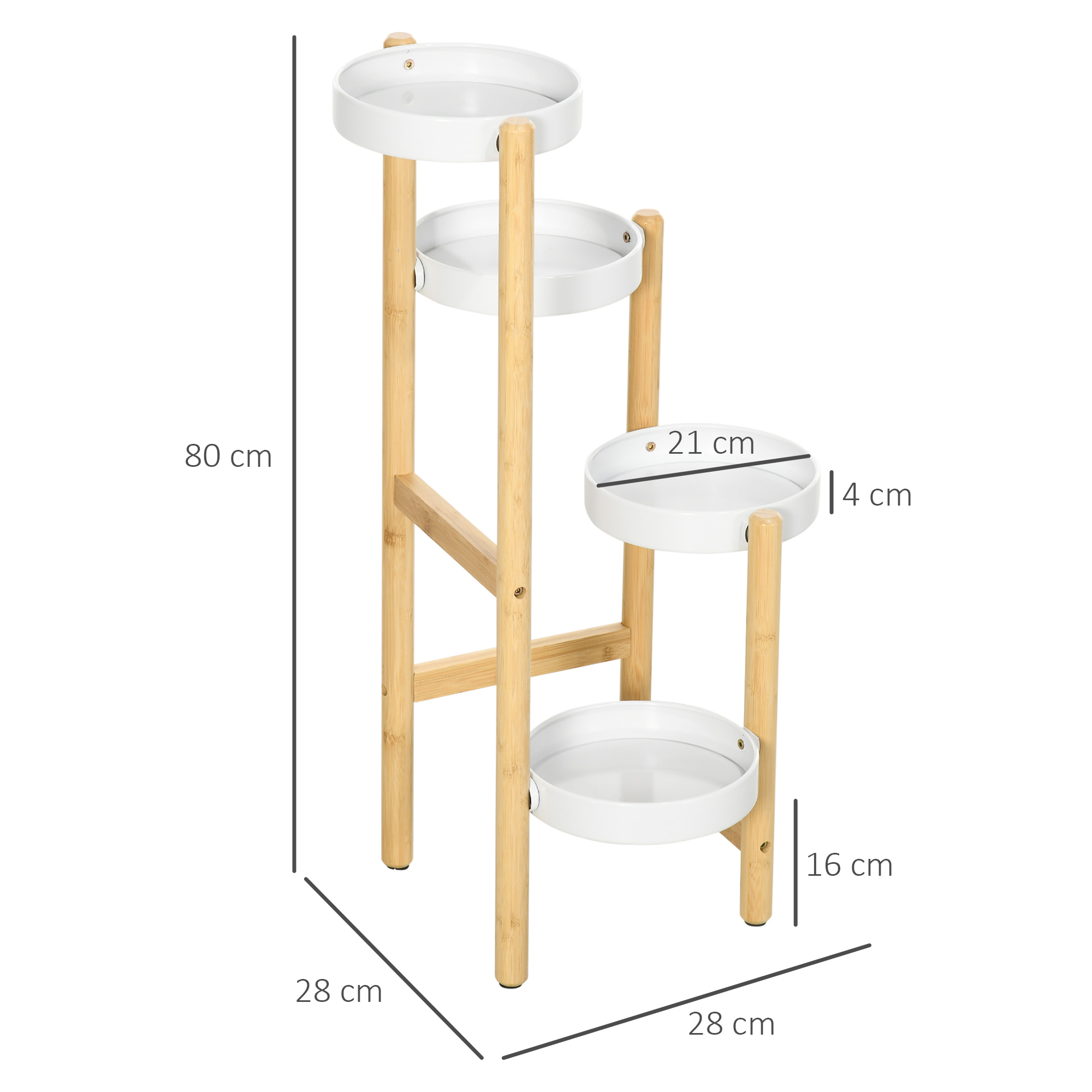 Soporte para Plantas Estantería para Plantas con Pies de Bambú Estantería para Flores con 4 Estantes Redondos Carga 20 kg para Interior y Exterior Ø28x80 cm Natural y Blanco