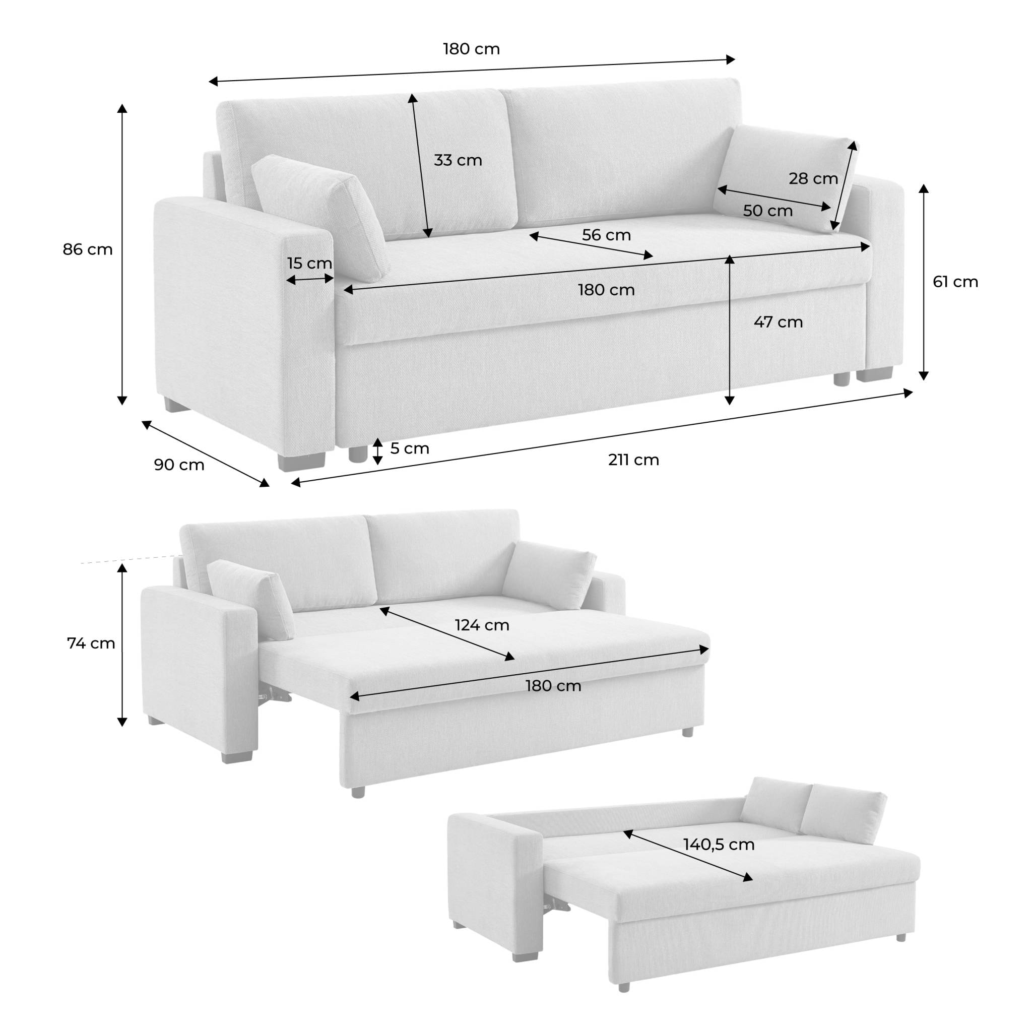 Canapé convertible 3 places tissu chenille gris clair L 211 x P 90 x H 86 cm - Easy