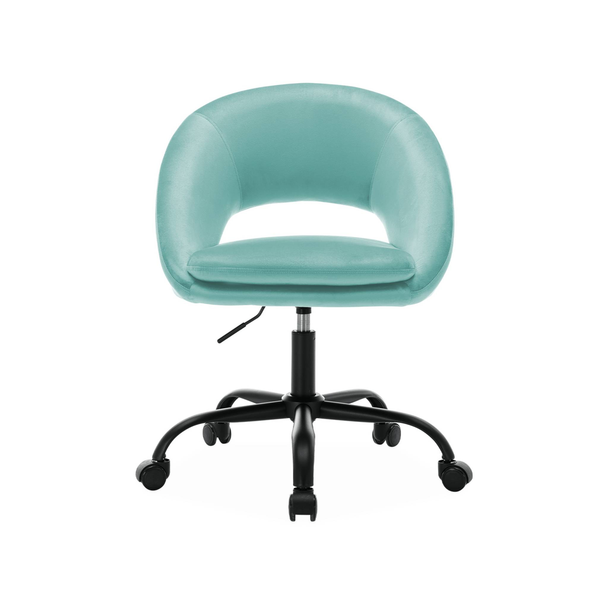Chaise de bureau ronde à roulettes en velours cyan. Pam. L 59 x P 60 x H 79 / 89cm.