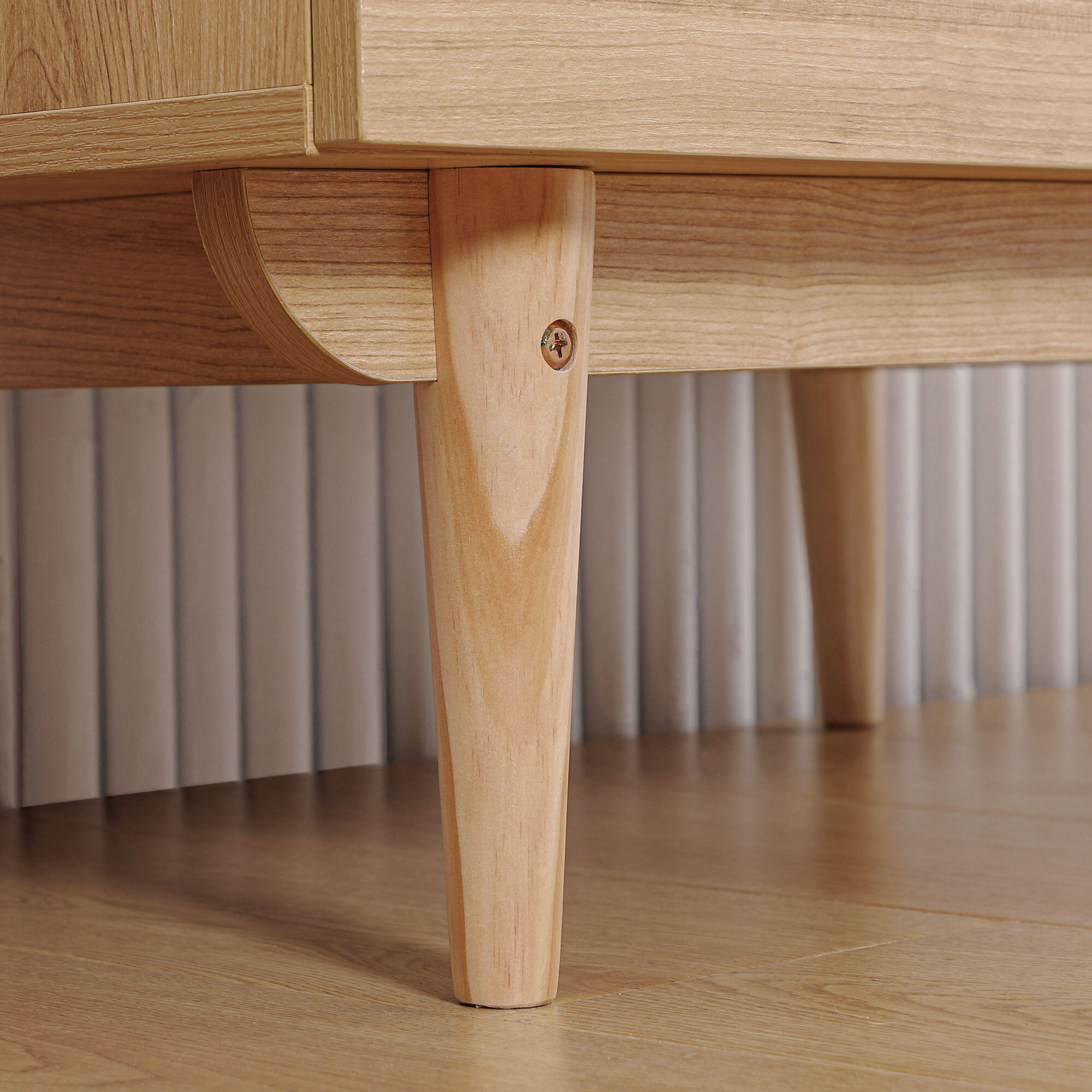 Armoire design scandinave - 2 portes, penderie, 2 tiroirs - piètement bois de pin panneaux aspect bois clair