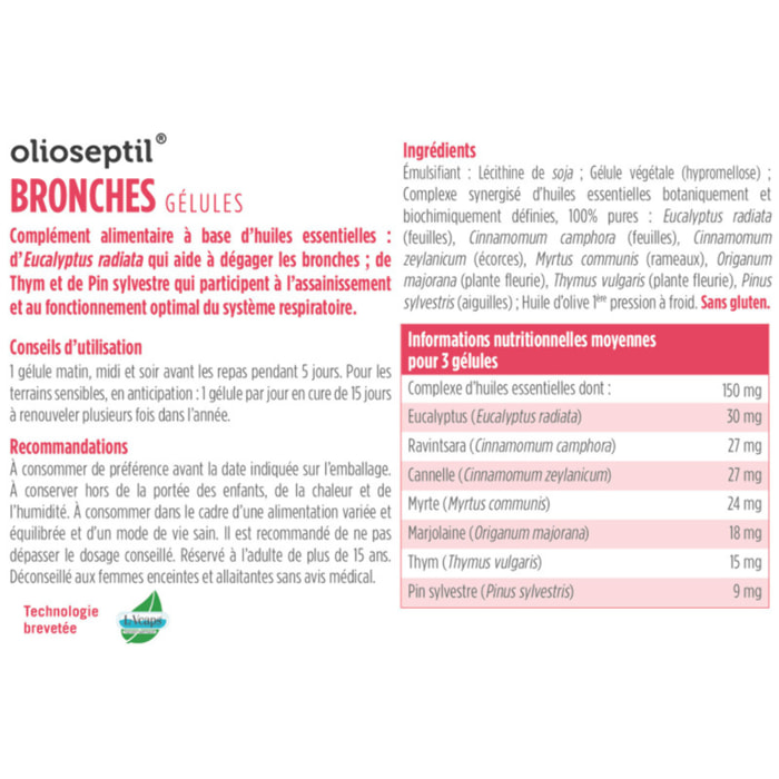 OLIOSEPTIL - Gélules Bronches - Complexe d'huiles essentielles pures - Gélules végétales L-Vcaps - Dès 15 Ans - Aide à dégager les bronches et assainir les voies respiratoires - Lot de 3