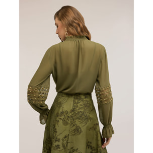 Motivi - Blusa de georgette con mangas bordadas - Verde militare