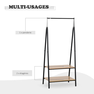 Portant à vêtements penderie style contemporain triangulaire dim. 64L x 43l x 149H cm 2 étagères MDF bois clair acier noir