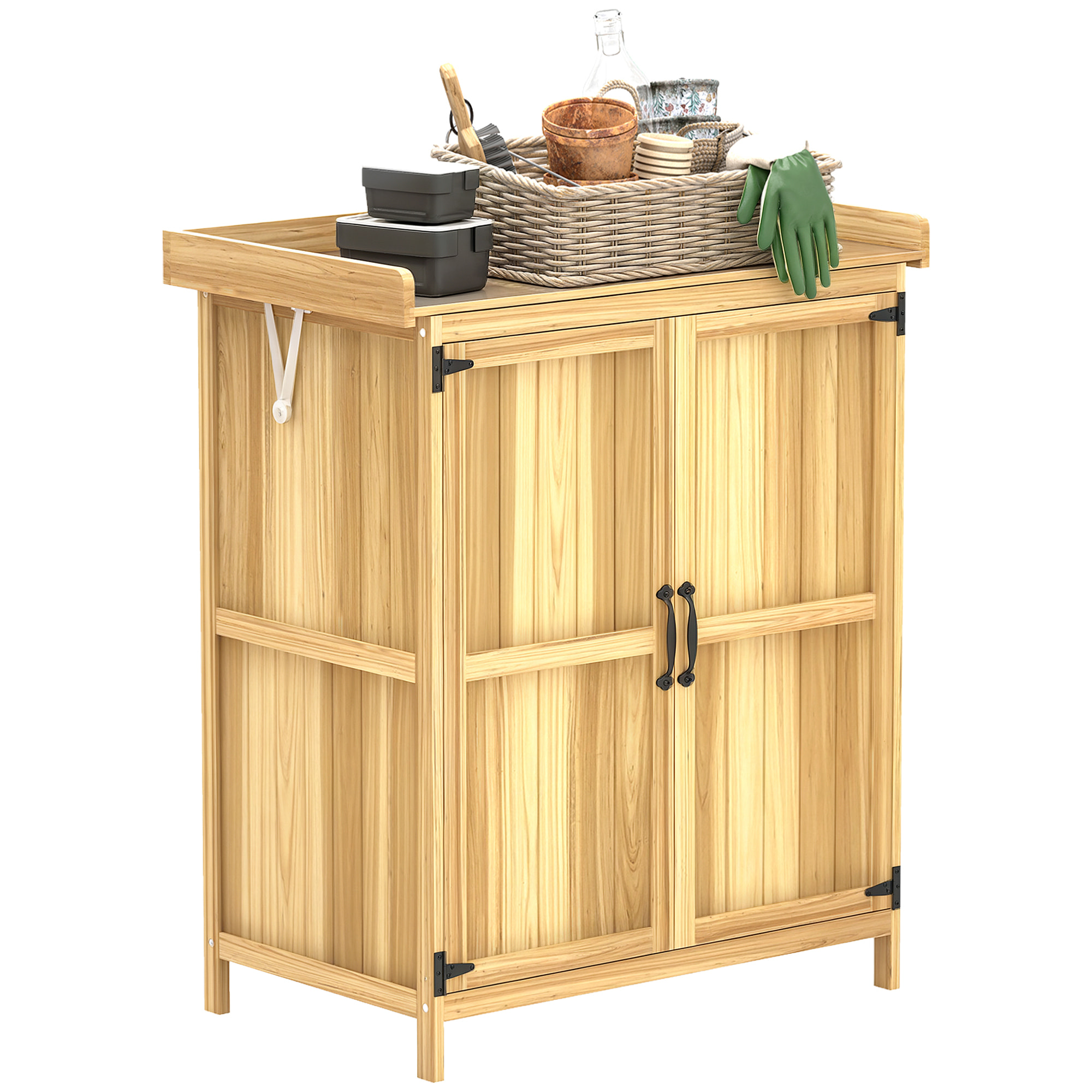 Outsunny Armario de Exterior de Madera, Caseta de Jardín Exterior con Techo Abatible de Acero Inoxidable, Estante, 2 Puertas, Cobertizo de Jardín para Almacenamiento Herramientas, 74x43x88 cm, Natural