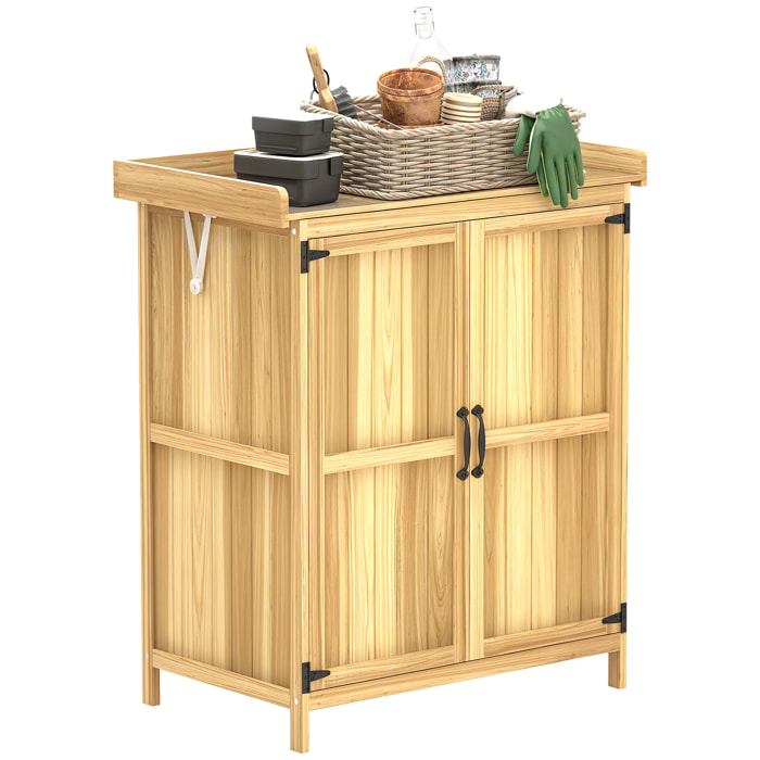 Outsunny Armario de Exterior de Madera, Caseta de Jardín Exterior con Techo Abatible de Acero Inoxidable, Estante, 2 Puertas, Cobertizo de Jardín para Almacenamiento Herramientas, 74x43x88 cm, Natural