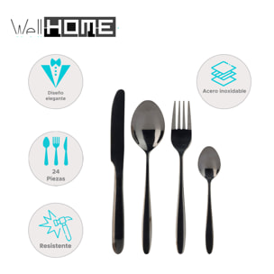 Well home juego de 24 cubiertos de acero inoxidable con revestimiento negro