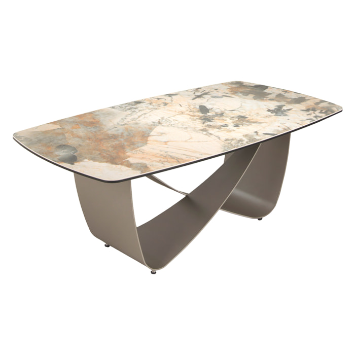 Mesa centro ovalada barril con tapa de mármol porcelánico en tonalidades tierra y grises en acabado mate y unas patas de acero inoxidable en taupé acabado metalizado 120x70x43cm