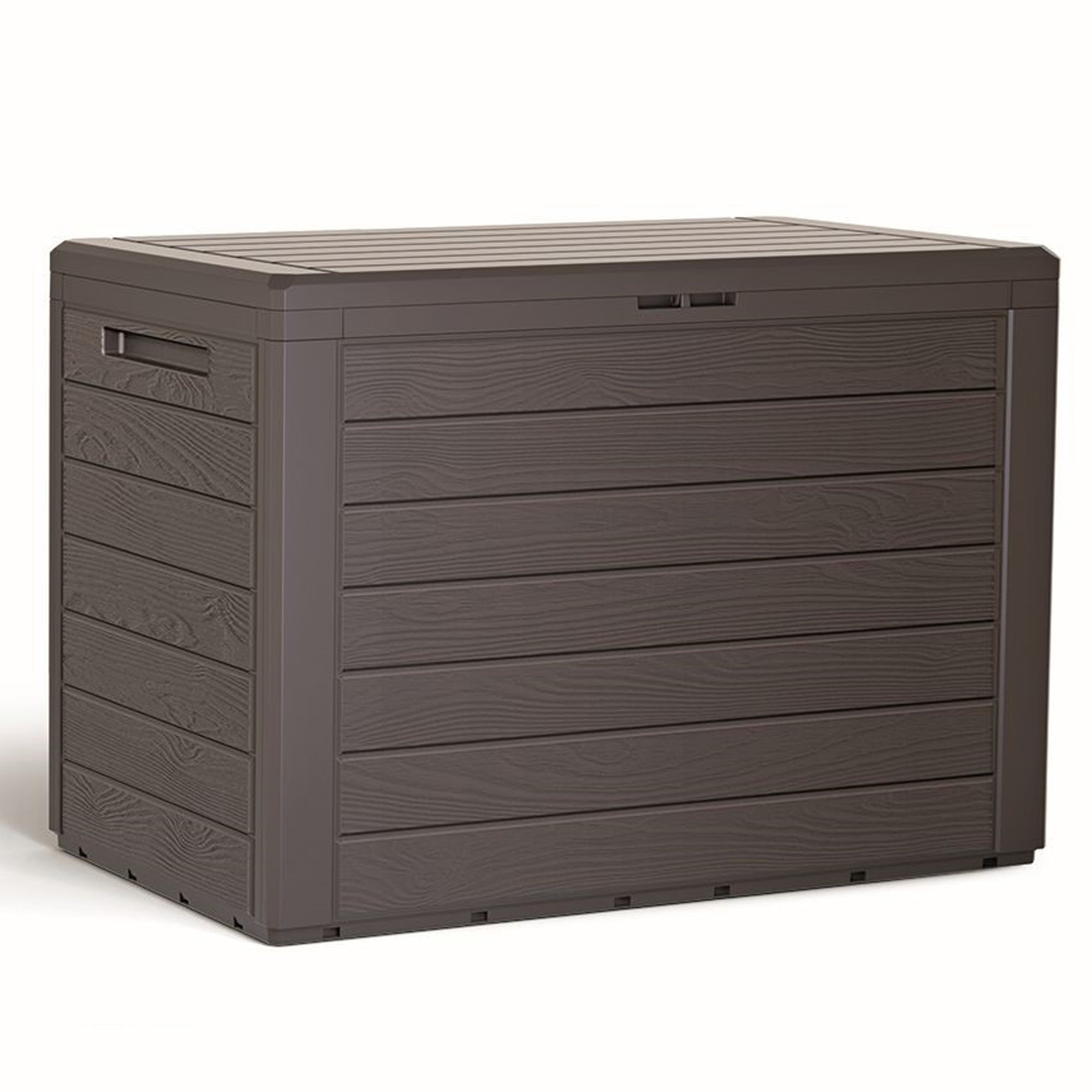 Baul de jardin 190 litros Prosperplast Woodebox de plastico en color ocre oscuro 78 x 43,3 x 55 cm