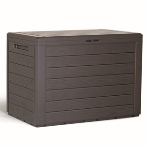 Baul de jardin 190 litros Prosperplast Woodebox de plastico en color ocre oscuro 78 x 43,3 x 55 cm