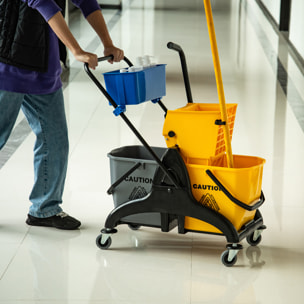 Cubo de Fregona con Ruedas, 26 L, Cubo de Fregar con Sistema de Escurridor de Presión Lateral, Asa de Transporte y Doble Cubetas Separadas para Doméstico y Comercial, Amarillo y Azul