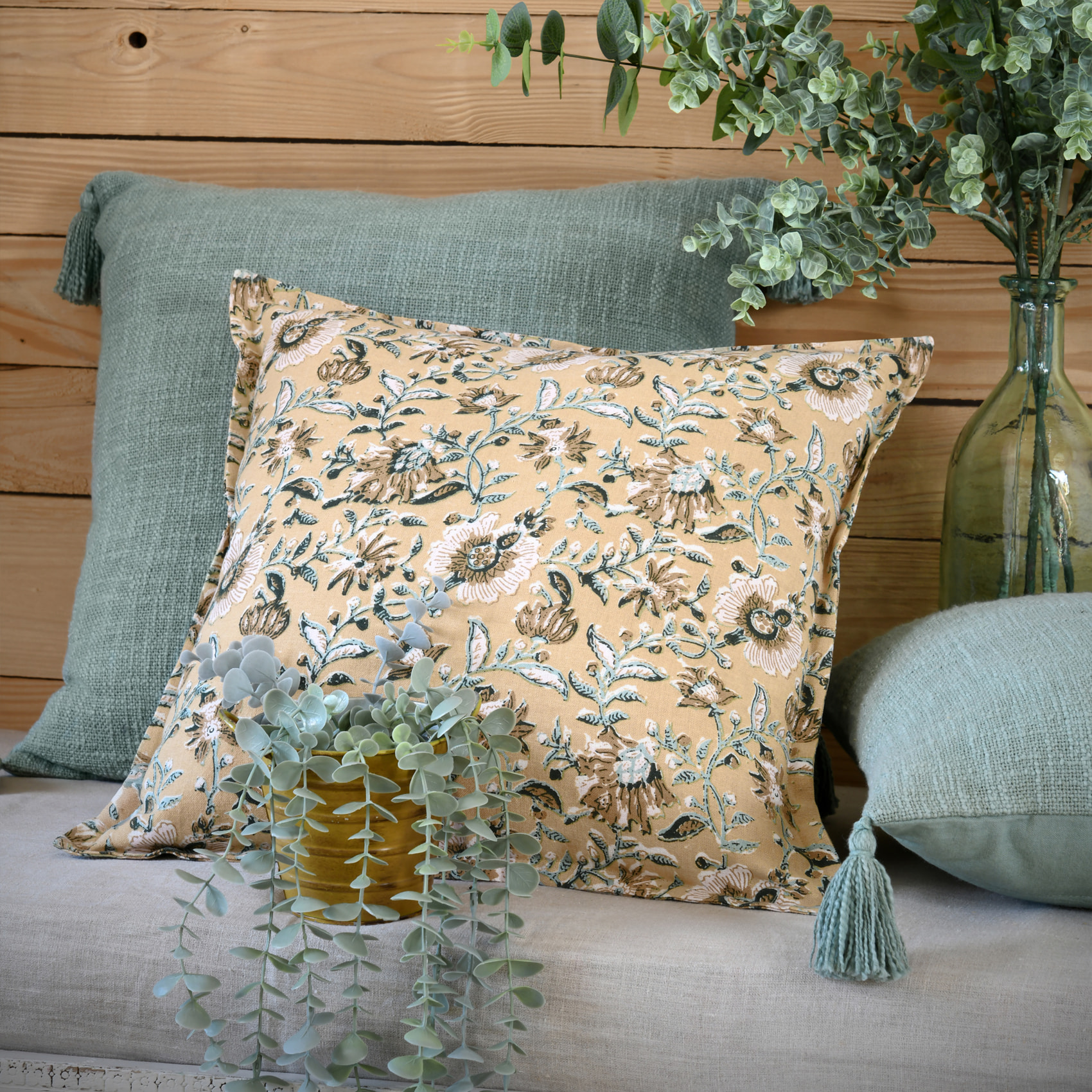 Coussin décoratif végétal graphique - Jaune moutarde