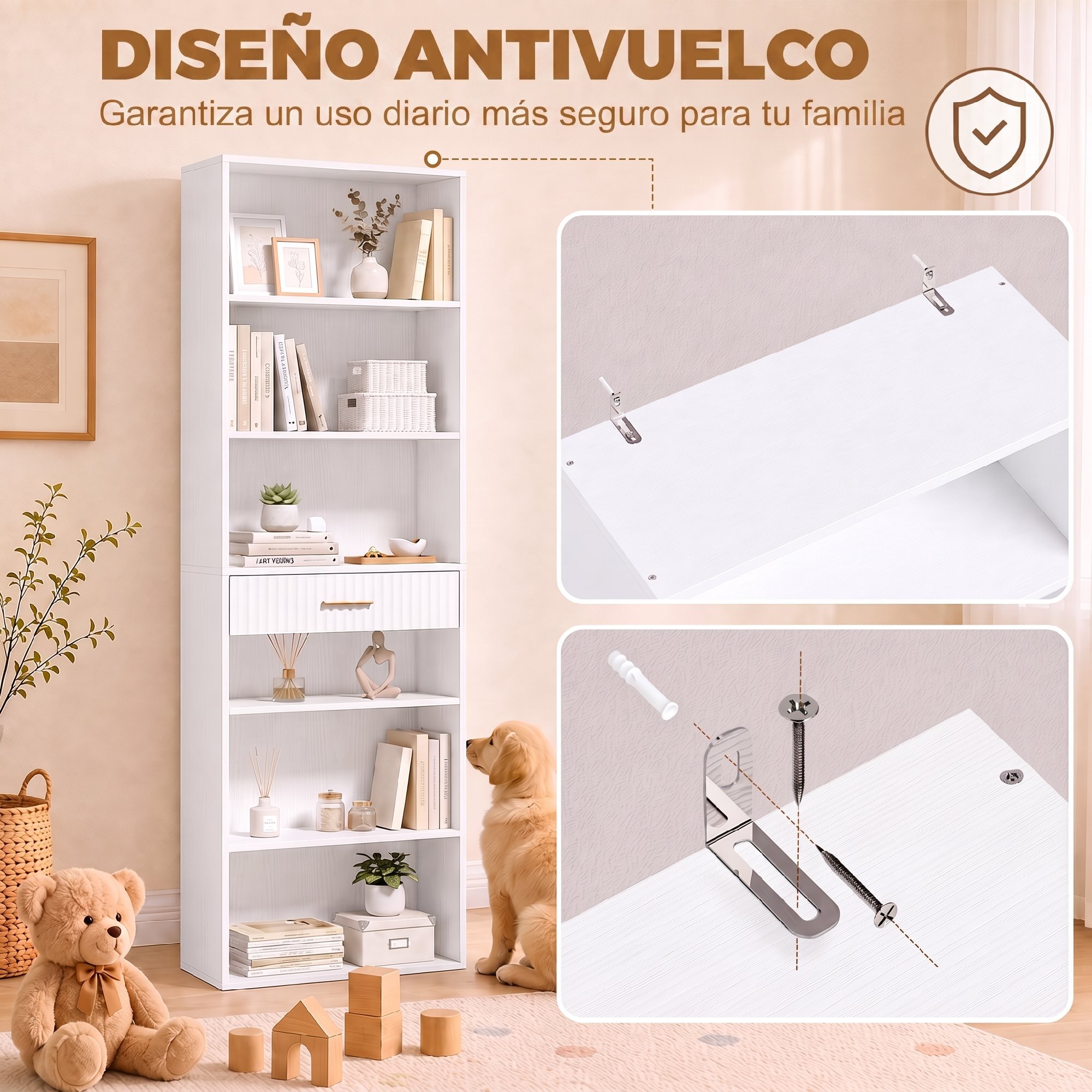 Estantería para Libros Alta y Estrecha, Librería de 7 Niveles con Cajón, 6 Compartimentos Abiertos, Armario para Salón, Estudio, Oficina, 60x24x182 cm, Blanco