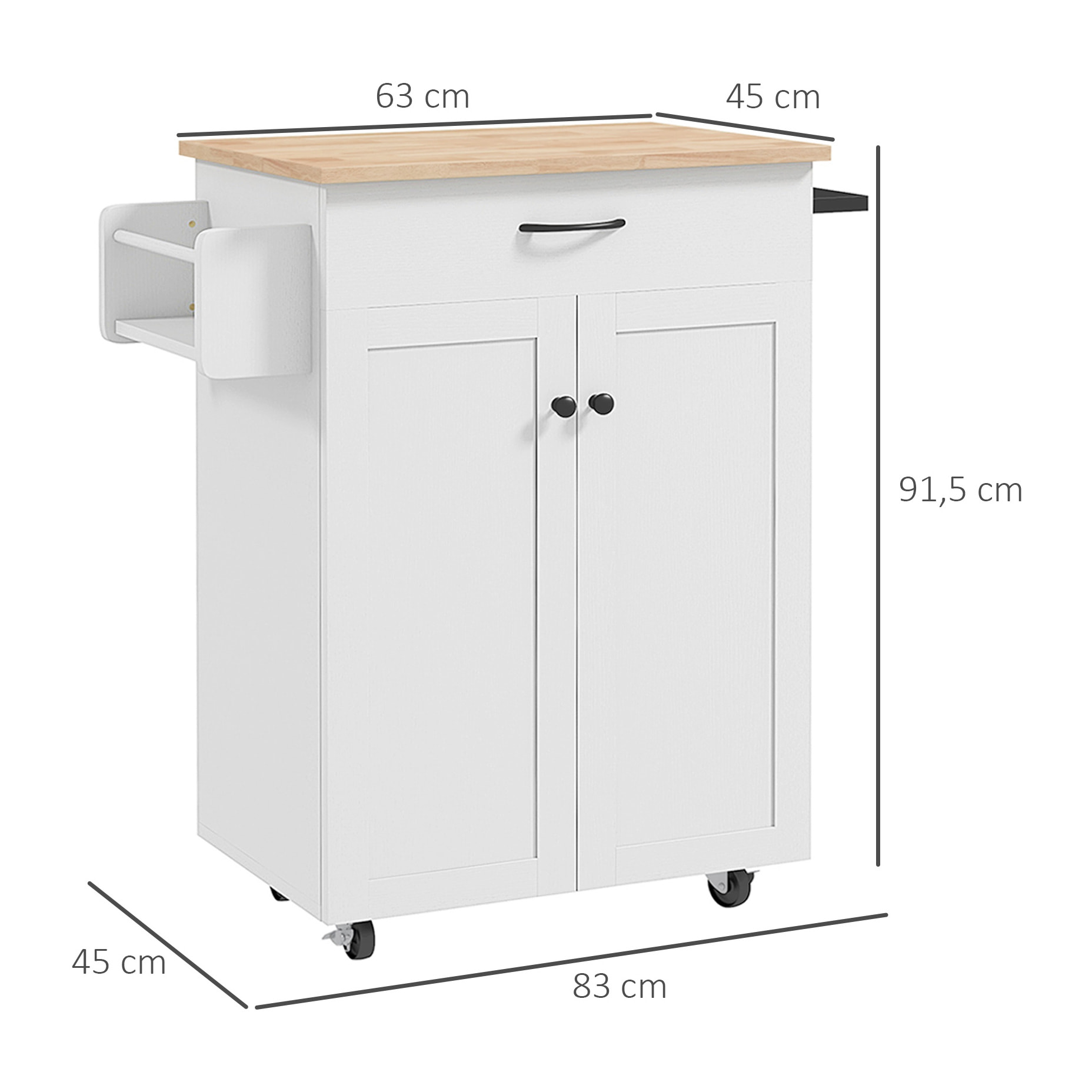 Desserte de cuisine - tiroir, 2 portes, étagère, porte-épices - MDF blanc plateau bois hévéa verni