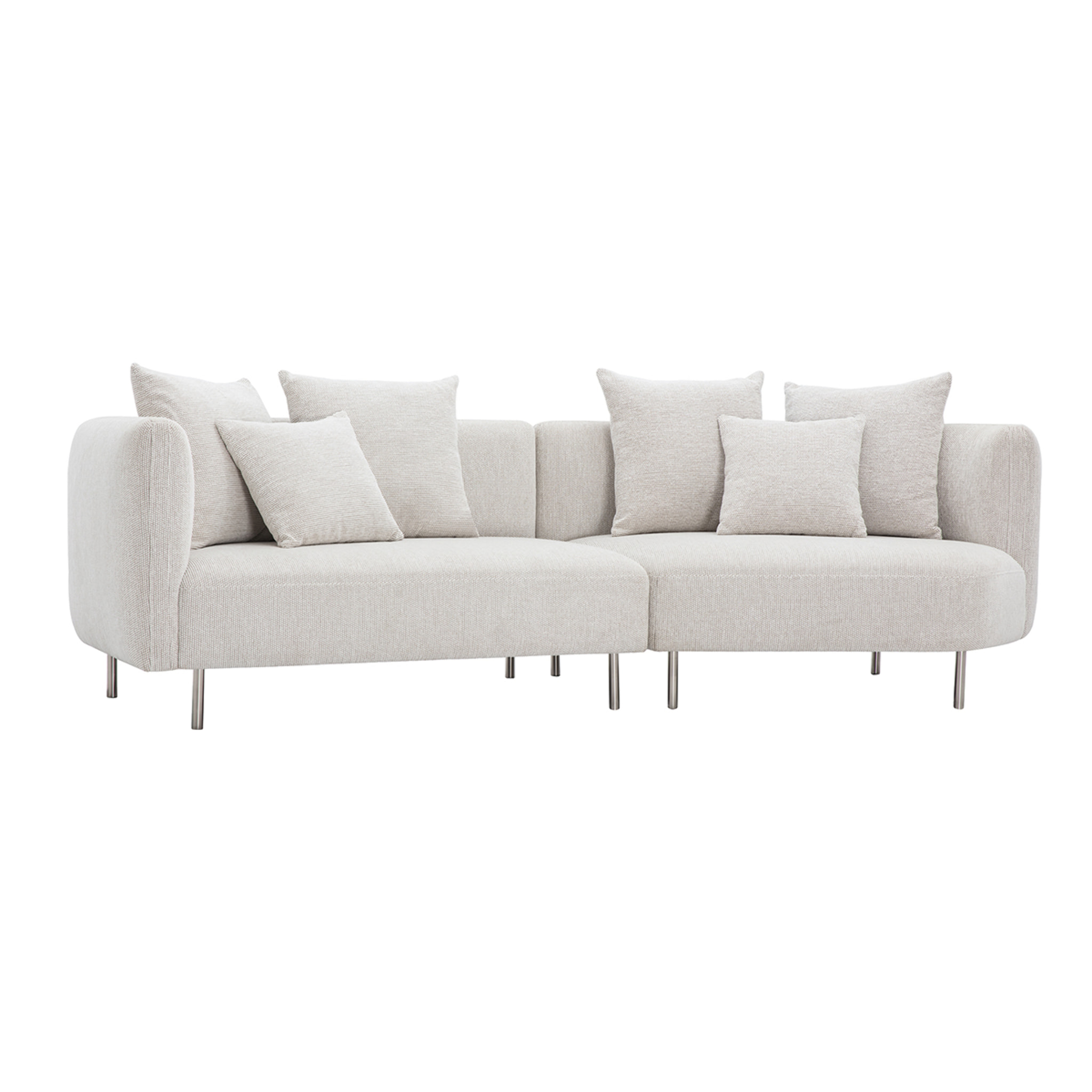 Canapé design 3-4 places en tissu effet velours chenillé beige clair et métal chromé IGLESIAS