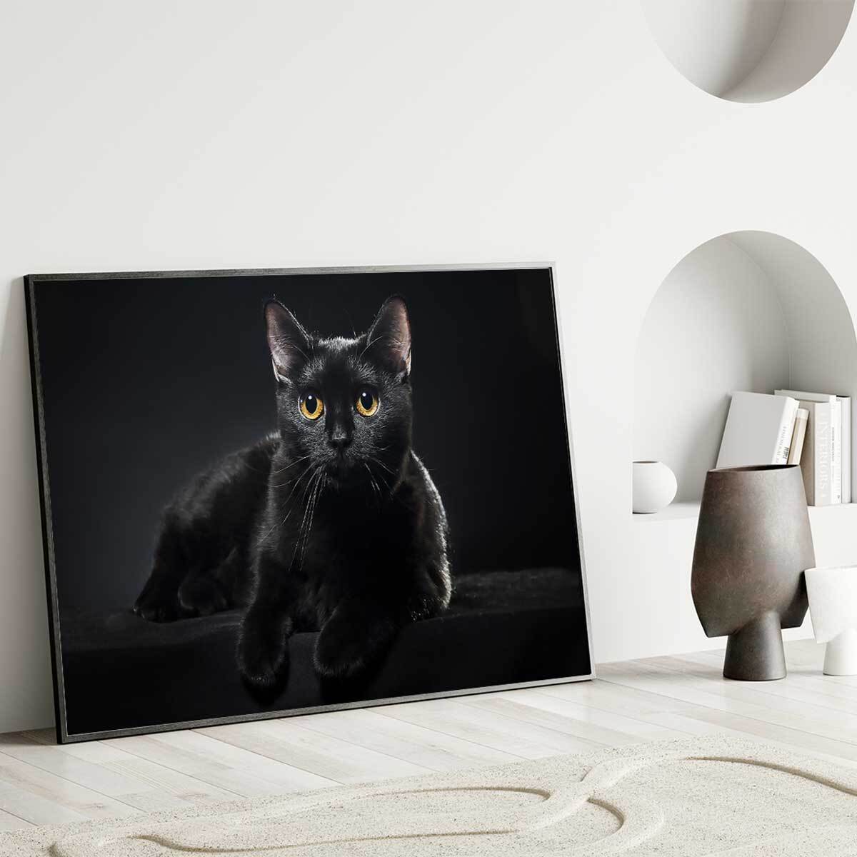 Affiche encadrée chat noir au regard doré Affiche + cadre en métal - Noir