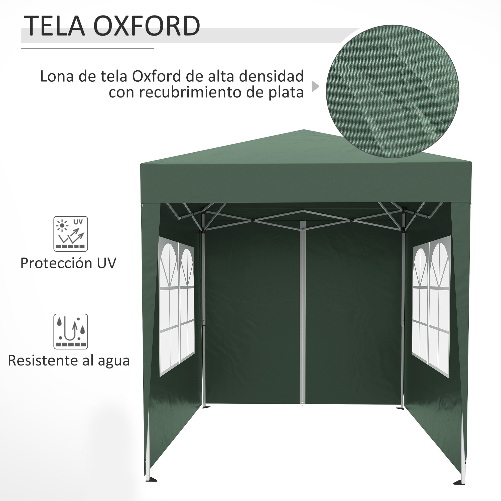 Carpa Plegable 2x2 m Cenador de Jardín con 4 Paredes Laterales Tela Oxford 2 Puertas 2 Ventanas y Bolsa de Transporte para Exterior Terraza Camping Fiestas Verde