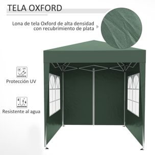 Carpa Plegable 2x2 m Cenador de Jardín con 4 Paredes Laterales Tela Oxford 2 Puertas 2 Ventanas y Bolsa de Transporte para Exterior Terraza Camping Fiestas Verde
