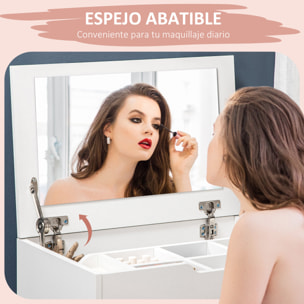 Tocador de Maquillaje con Taburete Oculto y Espejo Abatible, Mesa de Maquillaje con Cajón y 7 Compartimentos, Taburete Acolchado con Almacenamiento, para Espacios Reducidos, Vestidor, Blanco