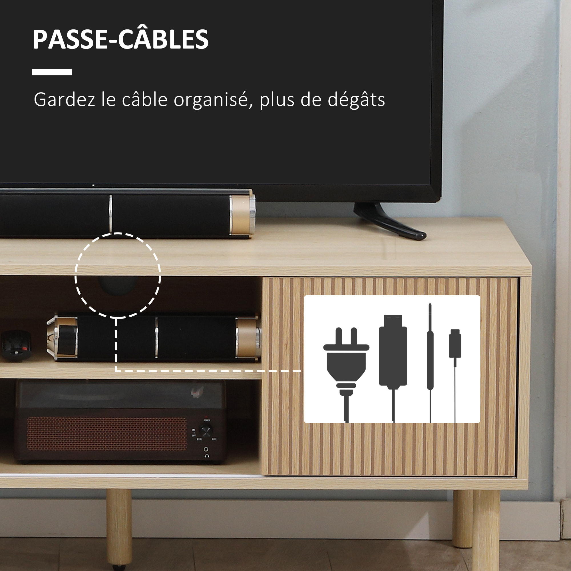 Meuble TV banc TV design Urban Craft - 2 portes coulissantes, 2 niches - piètement cylindrique - panneaux particules aspect bois clair