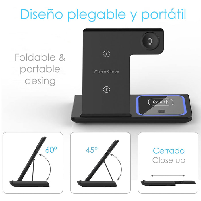 DAM Base de carga inalámbrica plegable 3 en 1. Base Qi 15W doble posición, cargador de Apple Watch y base Qi. Con luz de ambiente azul. Función stand. 16,5x9,3x10,1 Cm. Color: Negro