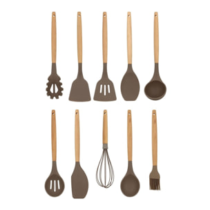 Lot de 10 ustensiles en silicone et manche en bois  ELIOTT