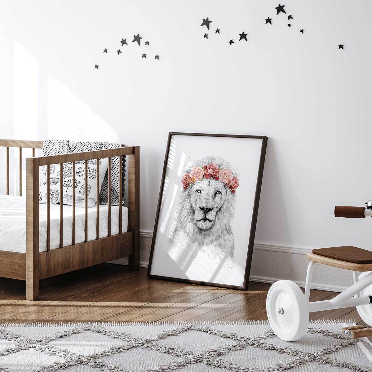 Affiche enfant lion et couronne de fleurs  Affiche sous cadre noir