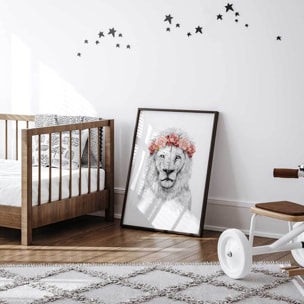 Affiche enfant lion et couronne de fleurs  Affiche sous cadre noir