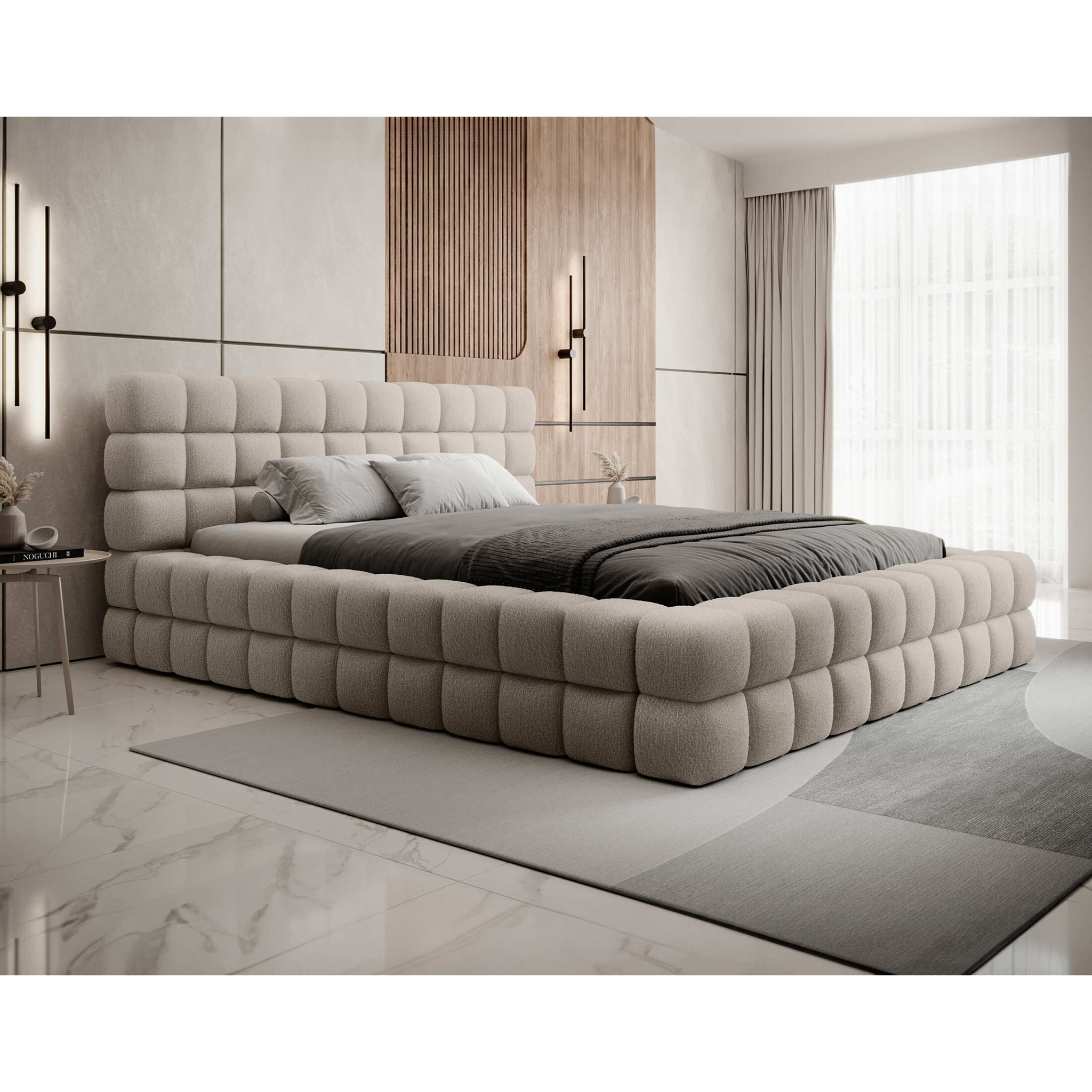 Kingston - lit coffre - 180x200 - sommier inclus - en tissu bouclette - Beige